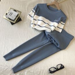 Women's Two Piece Pants Summer Knitted Tracksuit Women Butterfly Contrast Colour O-neck Short Sleeve Tops Elastic Pencil Pants 2 Piece Woman Set Korean 230322