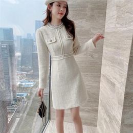 Casual Dresses Autumn Vintage Small Fragrance Dress Women Long Sleeve Casual Mini Party Dress Femme Net yarn Round Neck Dress Women's 230323