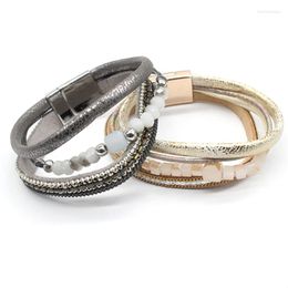 Bangle 2023 Fashion Unisex Hiphop Multilayer Rhinestone Crystal Leather Bracelets Bangles Men Women Jewellery Beads Charm Bracelet Gift