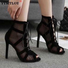 Sandals Fashion Black Summer Sandals Lace Up Cross-tied Peep Toe High Heel Ankle Strap Net Surface Hollow Out Sandals Mesh 230322