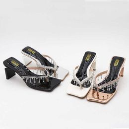 Square heel Shoes Woman 2023 Slippers Casual Pantofle Glitter Slides Big Size Low Rubber Flip Flops Heeled Mules Block Luxury Ne 230223