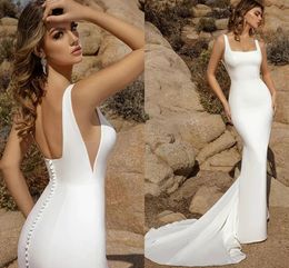 Sexy Open Back Casual Wedding Dress 2023 Sleeveless Square Satin Mermaid Bridal Gowns Robe De Mariage Women Custom Made