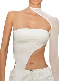 Women's T Shirts Women S Solid Color Cropped Tops One Shoulder Long Sleeve Irregular Hem Show Navel Slim T-shirt