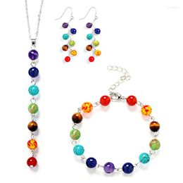 Necklace Earrings Set 3 Pcs Multicolor Seven Chakra Pendant Anklet Zinc Alloy Natural Stone Jewelry Birthday Gift