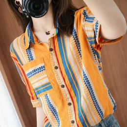 Women's Blouses Shirts Summer Korea Fashion Women Short Sleeve Turn-down Collar Cotton Linen Striped Shirts All-matched Casual Loose Blouses M169 230323