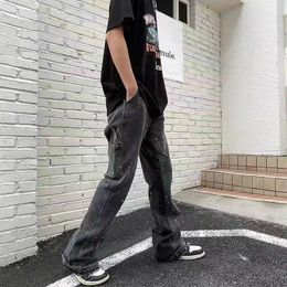 Herren Jeans Vintage Streetwear Ausgestellte Hosen Hip Hop Spritzende Tinte Breite Bein Jean Overalls für Männer Modische Retro Patchwork 2024