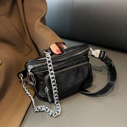 Waist Bags Fashion Shiny Leather Chest Chain Fanny Pack Two Layer Pouch Belt Phone Purse Travel Crossbody Women Handbag 230323