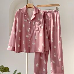 Women's Sleepwear Women Print Cartoon Pyjamas Set Trouser Suits Spring Summer Silk Satin Home Wear Pijamas Lounge