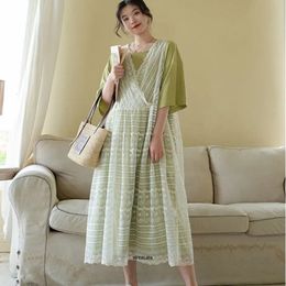 Casual Dresses Large Size 6XL 150kg Summer Lace Dress Two Pieces Women O Neck Short Sleeve Casual Long Dress Big Size Women Clothing 230323