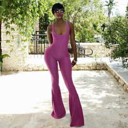 Women's Jumpsuits 2023 Elegant Purple Summer Knitted Long Flare Pants Sexy Backless Sleeveless Women Playsuits Chic U Neck Overalls