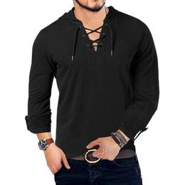 Mens TShirts Fashion Mens Hooded Tee Long Sleeve Cotton Henley TShirt Mediaeval Lace Up V Neck Outdoor Tee Tops Loose Casual 230323