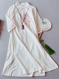 Casual Dresses Summer Women Dress Chinese Clothing Embroidery Three Quarter Sleeve Button Loose Vintage Fashion Long FemaleCasual