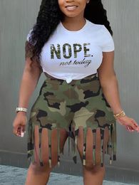 Women's Plus Size Pants LW Shorts Set Letter Camo Print Tassel Houndstooth Design Polyester Casual Regular Sleeve Macthing Outfits 230324