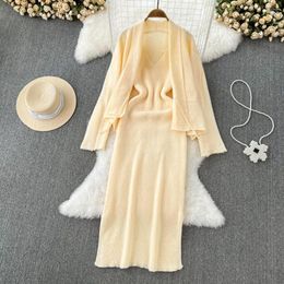 Work Dresses Retro Style Long Loose Knit Coat V-neck Halter Waist Slit Buttock Dress Two-piece Set