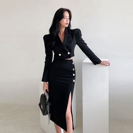 Two Piece Dress Fashion 2 Pieces Outfits Black Set Office Women Formal Kit Temperament Lady Sexy Short Crop Tops Coat Slit Midi Skirt Slim Suits 230324