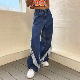 Women's Jean Wide Leg Flared Long Harajuku Aesthetic Tassels Mid Waist Trousers Loose Fit Young Style Pants Casual Streetwear 230324