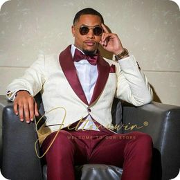 Men's Suits & Blazers White Floral Jacket Burgundy Lapel Pant Men Suit 2023 Arrival Custom Made Slim Fit Terno Masculino Wedding GroomMen's