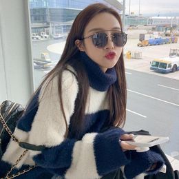 Women's Sweaters Striped Turtleneck Sweater Fur Pullovers Women Navy Blue Korean Style Student Streetwear Loose Fashion Chic Young Ladies