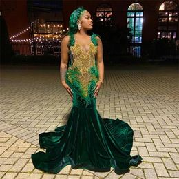 Green Sexy Sparkly Mermaid Prom Veet Sheer Neck Feathers Beads Crystal Graduation Party Dress Robe De Bal