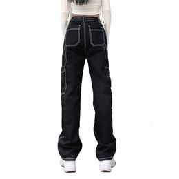 Women's Jeans Pockets Patchwork High Waist Streetwear Straight Jean Femme Black 100 Cotton Cargo Pants 230324