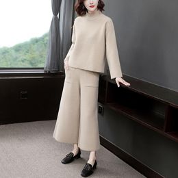 Two Piece Dress Knitted Cashmere Wool Women Set Tracksuit Turtleneck Sweater Top Trousers 2 Plus Size Autumn Winter Ladies Track Suits