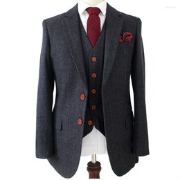 Men's Suits Dark Grey Herringbone Tweed Slim Fit Wedding For Men Retro Gentleman Style Custom Made Mens 3 Piece Jacket Pants Vest