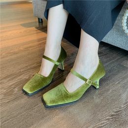 Square Toe Women Pumps Belt Buckle Shallow Slip On Office Thick High Heels Black/Green/Red/Beige Autumn Spring Shoes 0324