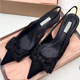 Miui Rhinestone Women Bow Cat Heel Shoes Sandals Low-heeled Pointy After the Empty Kitten Ladies Banquet Holiday Wedding Hvck