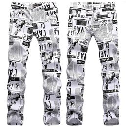 Men's Jeans Men Fashion White Paper Printed Slim Fit Black Painted Stretch Denim Pans For