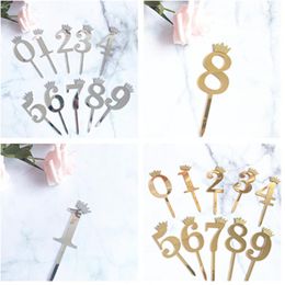 Festive Supplies 2PCS Number Cake Topper Gold Silver Crown Acrylic 0-9 Digital Birthday Party Insert Decoration Wedding Cakes Decor