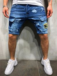 Mens Shorts Summer Stretch Straight Short Jeans Fashion Casual Slim Fit High Quality Elastic Badge Pockets Hole Denim Male