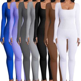 Womens Jumpsuits 2023 Spring Women Fashion Clothes Low Collar Long Sleeve Elegant Bodysuits Ribbed Knit One Piece Women Jumpsuit