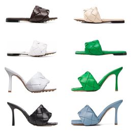 Flat Slides Lido Sandals Square Mules Shoes Top Quality Women Designer Slippers Sexy Ladies Wedding High Heels Shoes Dress Shoes Green Brown Black White 34-40