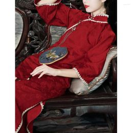 Ethnic Clothing ChiNian Chinese Style Cotton Linen Stand Collar Jacquard Red Wedding Dress Qipao For Women Fashion Vintage Cheongsam Toast