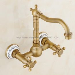 Bathroom Sink Faucets Antique Brass Kitchen Basin Faucet Vessel Tap Mixer Dual Handles Wall Mounted Nan023