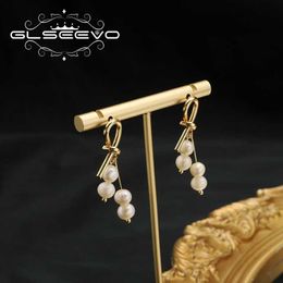 Charm GLSEEVO Knotted Nature Freshwater Pearl Drop Earring Original Piercing Hanging Eardrop Luxury Elegant Wedding Jewelry Z0323