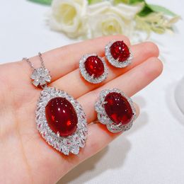 Luxury Egg Ruby Diamond Jewelry set 925 Sterling Silver Engagement Wedding Rings Earrings Necklace For Women Promise Bijou Gift