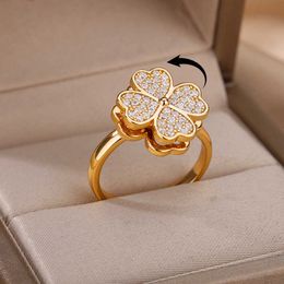 Band Rings Spinner Zircon Four Clover for Women Stainless Steel Anti Stress Anxiety Fidget Ring Jewelry Christmas Gift Aa230323