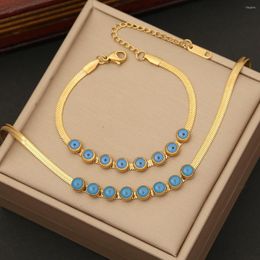 Choker 316L Stainless Steel Blue Eye Pattern Necklace Bracelet For Women 2023 Fashion Girls Gold Color Wrist Jewelry Set Party Gifts