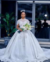 Luxury Ball Gown Wedding Dresses High Neck Cape Sleeves Sequins Appliques Diamonds Beaded Floor Length 3D Lace Ruffles Zipper Bridal Gowns Plus Size Vestido de novia