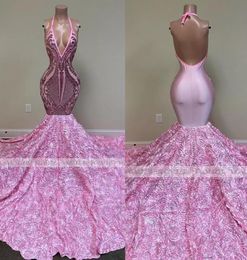 Pink Long Prom Dresses Mermaid 2023 Black Girls Sequin Sexy Backless Halter 3D Flowers African Women Formal Evening Party Gowns BC15100 A0324