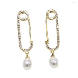 Stud Earrings Simple Classic Women Jewelry Clear Cz Paved Safety Pin Paperclip Earring With Fresh Sea Pearl Charm For Girl Gift