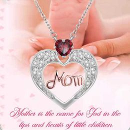 Pendant Necklaces Jewellery for Women Heart Ruby Crystal Mom Necklace for Women Angel Wings Mother Chain Necklace Mother's Day Gift Collares Mujer Z0324