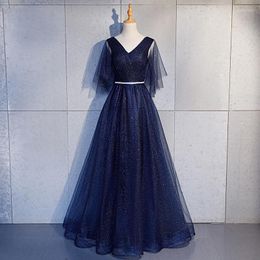 Ethnic Clothing Fashion Elegant Navy Blue Bridesmaid Dress Bandage Long Tulle Lace Dresses Wedding Party Prom Qipao