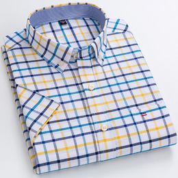 Mens Casual Shirts Plus Size 7XL 6XL Mens Summer Shirts Oxford Vertical Stripes Short Sleeve Standardfit Loose Plaid Solid Soft Cotton Man Shirt 230323