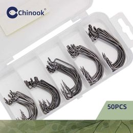 Fishing Hooks Chinook 50pcs Wide worm hook Carbon Steel Offset Fishhook Bass Barbed Carp Fishing Hook 3/0#-2# For Soft Worm Jig Mould Hooks P230317