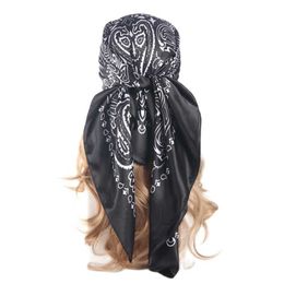 Sarongs Black Vintage Silk Scarf Women Paisley Print Headscarf Spring Fashion Hair Accessories Foulard Pour Cheveux Hijab 90*90CM P230323