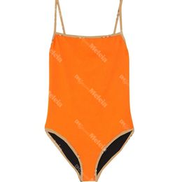 Classic Orange One Piece Swimwear High Waist Bikini for Women Fashion Womens Swimsuit Beach Bikinis with Plaid Webbing
