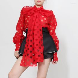 Women's Blouses Brand Design Tide Women Lantern Sleeve Dot Big Bow Bandage Long Shirt Sexy Perspective Red Blouse 2023 Summer Clothes