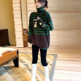 Women's Sweaters Green Striped Turtleneck Sweater Women Fashion Soft Waxy Western Style Top Autumn And Winter 2023 Long Sleeve Casual